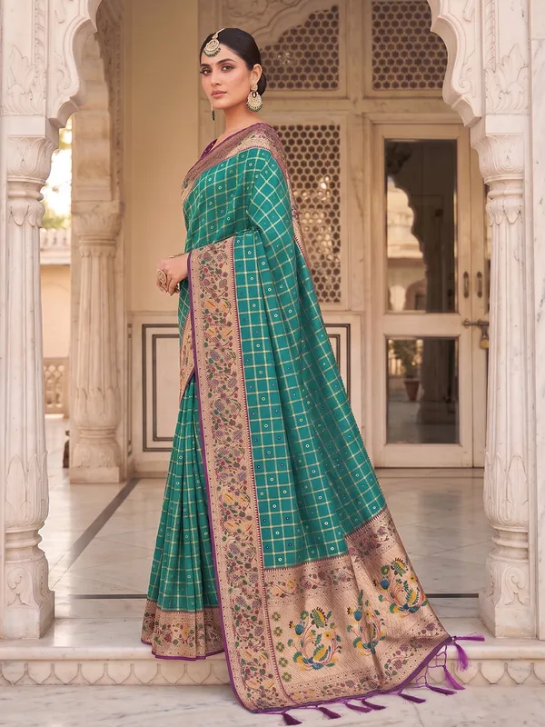 Teal_Green_Banarasi_Silk_Saree_With_Floral_Woven_Border_Default_Title