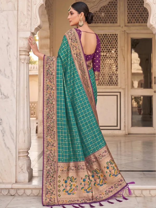 Teal_Green_Banarasi_Silk_Saree_With_Floral_Woven_Border_Default_Title