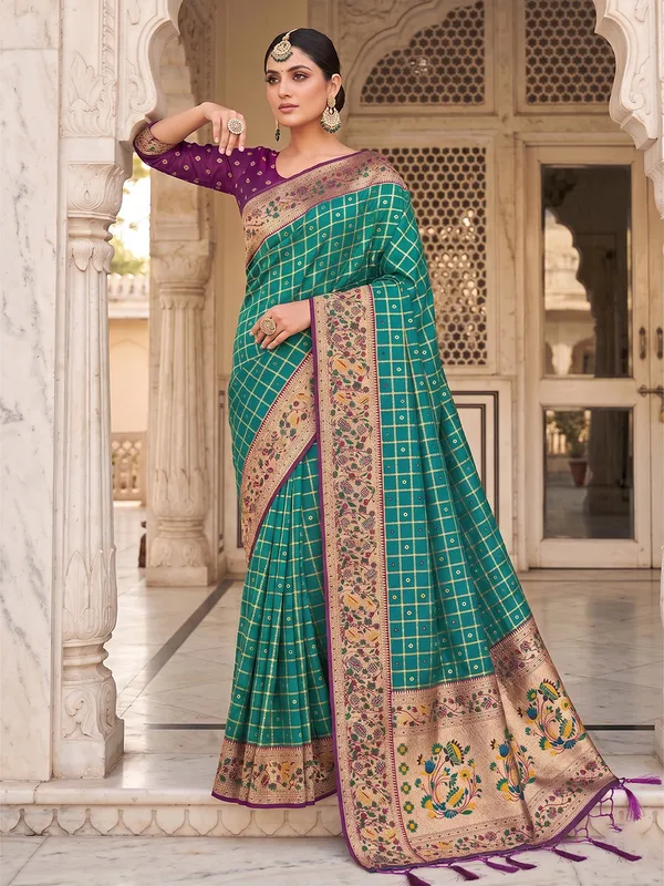 Teal_Green_Banarasi_Silk_Saree_With_Floral_Woven_Border_Default_Title