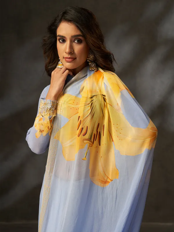 Sky_Blue_Printed_Georgette_Saree_With_Silver_Woven_Border_Default_Title