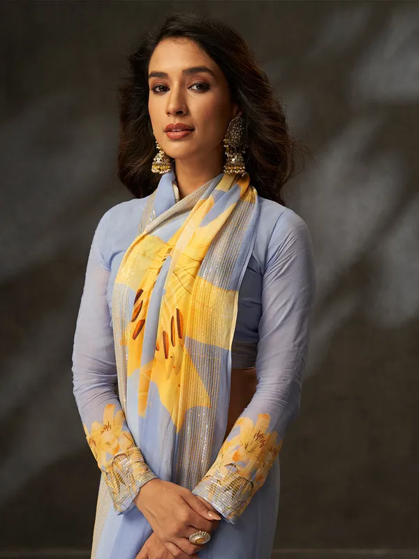 Sky_Blue_Printed_Georgette_Saree_With_Silver_Woven_Border_Default_Title