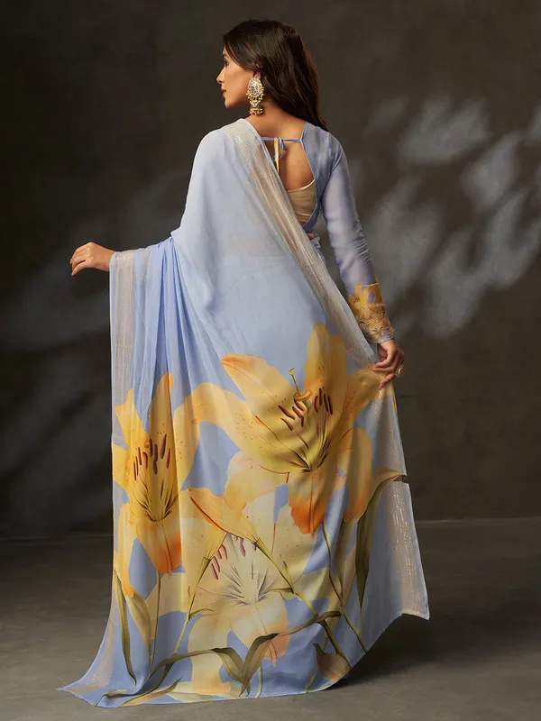 Sky_Blue_Printed_Georgette_Saree_With_Silver_Woven_Border_Default_Title