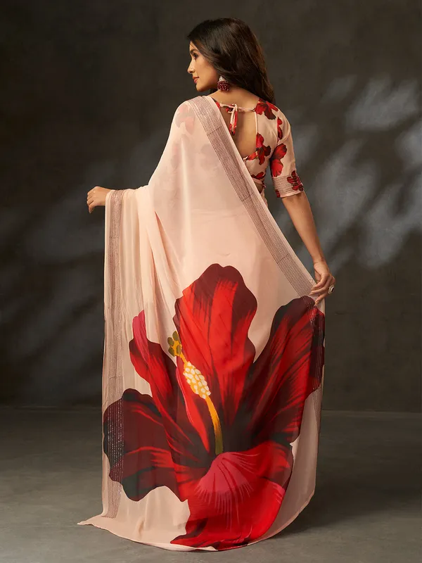 Peach_Printed_Georgette_Saree_With_Silver_Woven_Border_Default_Title