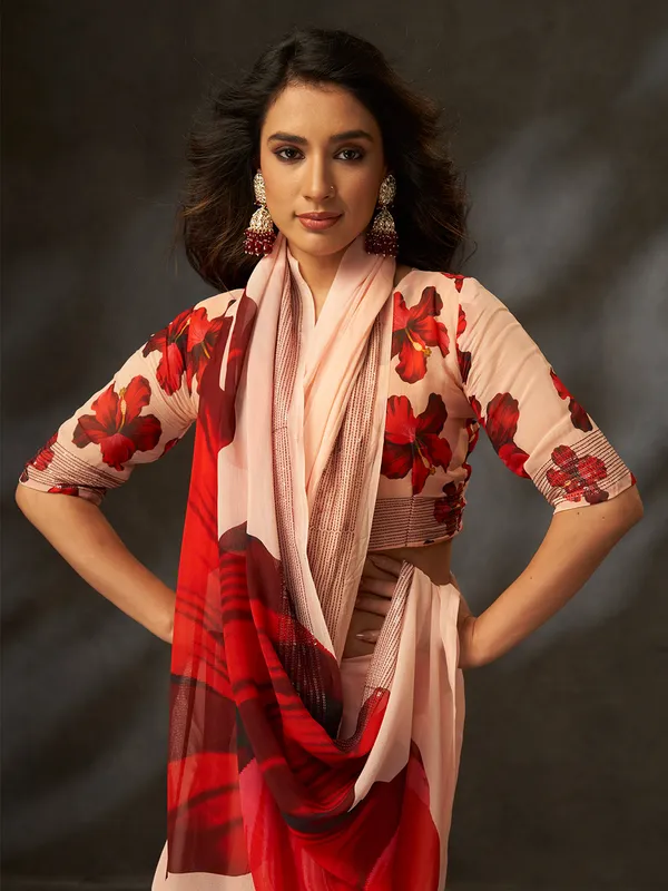 Peach_Printed_Georgette_Saree_With_Silver_Woven_Border_Default_Title