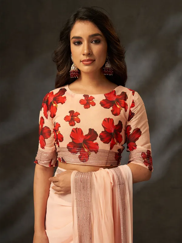 Peach_Printed_Georgette_Saree_With_Silver_Woven_Border_Default_Title