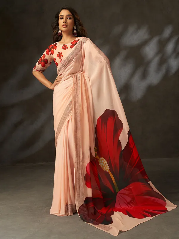 Peach_Printed_Georgette_Saree_With_Silver_Woven_Border_Default_Title