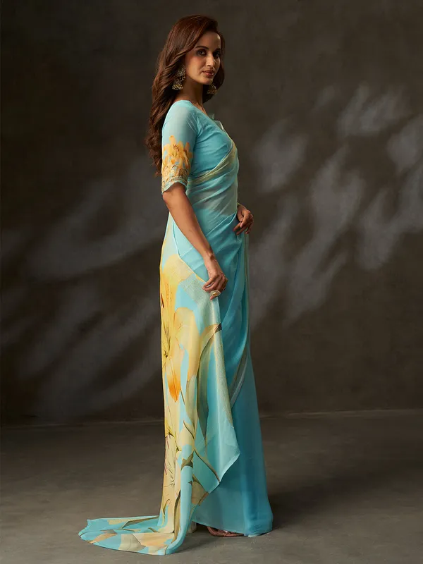 Aqua_Blue_Printed_Georgette_Saree_With_Silver_Woven_Border_Default_Title
