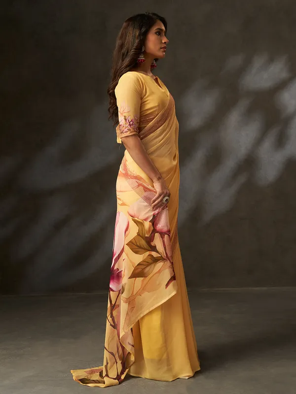 Mustard_Yellow_Printed_Georgette_Saree_With_Peach_Woven_Border_Default_Title