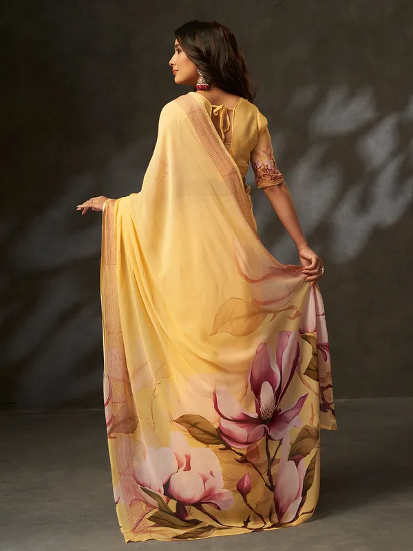 Mustard_Yellow_Printed_Georgette_Saree_With_Peach_Woven_Border_Default_Title