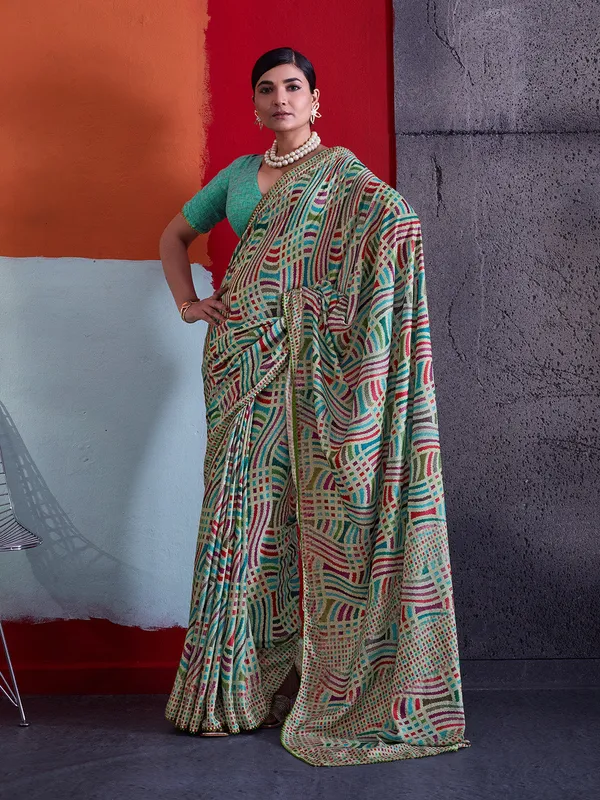 Sea_Green_Printed_Crepe_Saree_With_Multicolor_Printed_Border_Default_Title