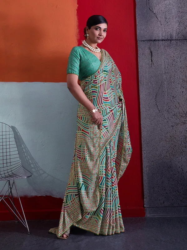 Sea_Green_Printed_Crepe_Saree_With_Multicolor_Printed_Border_Default_Title