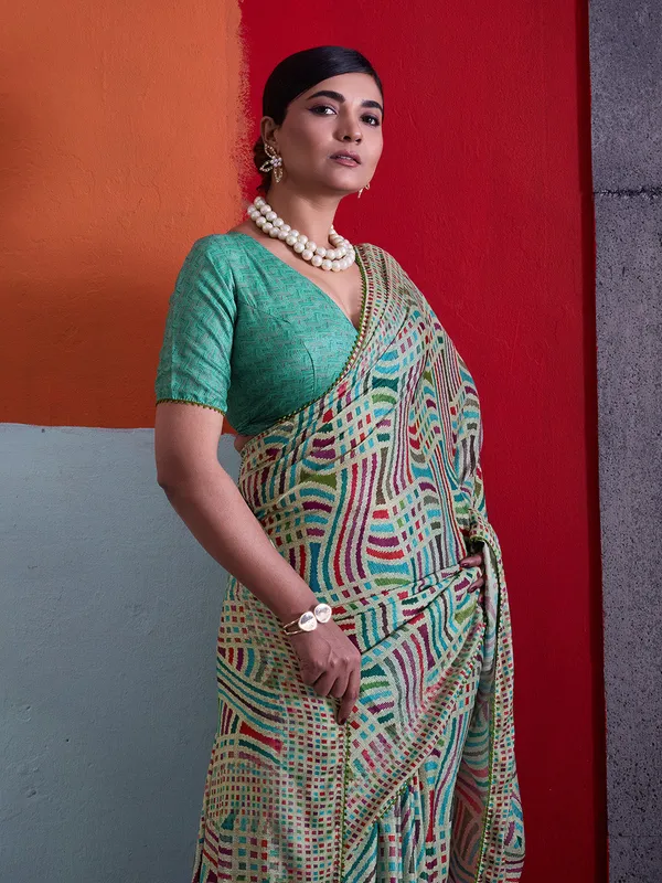 Sea_Green_Printed_Crepe_Saree_With_Multicolor_Printed_Border_Default_Title