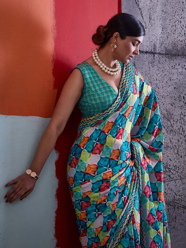 Turquoise_Blue_Printed_Crepe_Saree_With_Multicolor_Zigzag_Printed_Border_Default_Title