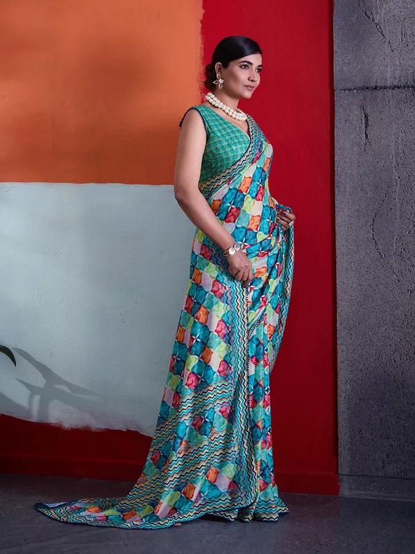 Turquoise_Blue_Printed_Crepe_Saree_With_Multicolor_Zigzag_Printed_Border_Default_Title