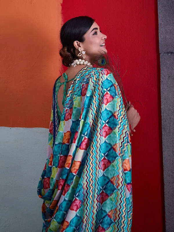 Turquoise_Blue_Printed_Crepe_Saree_With_Multicolor_Zigzag_Printed_Border_Default_Title