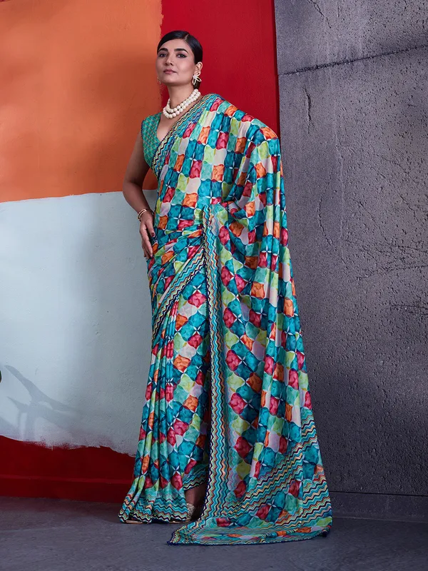 Turquoise_Blue_Printed_Crepe_Saree_With_Multicolor_Zigzag_Printed_Border_Default_Title