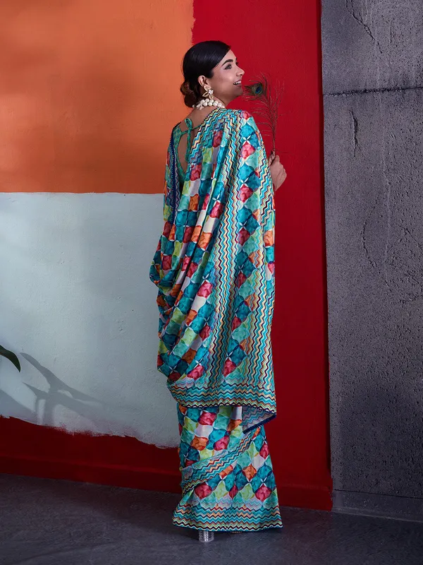 Turquoise_Blue_Printed_Crepe_Saree_With_Multicolor_Zigzag_Printed_Border_Default_Title