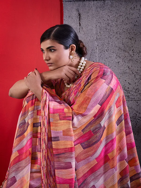 Pink_Printed_Crepe_Saree_With_Multicolor_Printed_Border_Default_Title
