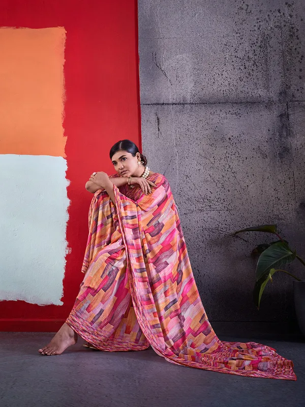Pink_Printed_Crepe_Saree_With_Multicolor_Printed_Border_Default_Title