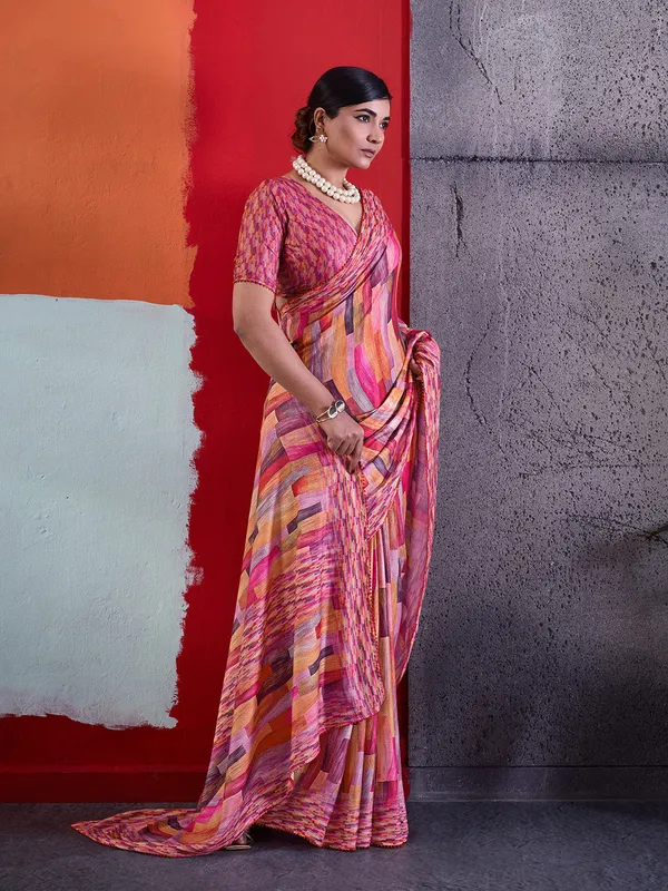 Pink_Printed_Crepe_Saree_With_Multicolor_Printed_Border_Default_Title