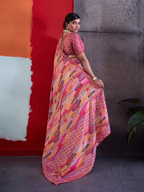 Pink_Printed_Crepe_Saree_With_Multicolor_Printed_Border_Default_Title