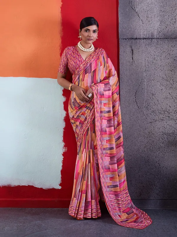 Pink_Printed_Crepe_Saree_With_Multicolor_Printed_Border_Default_Title