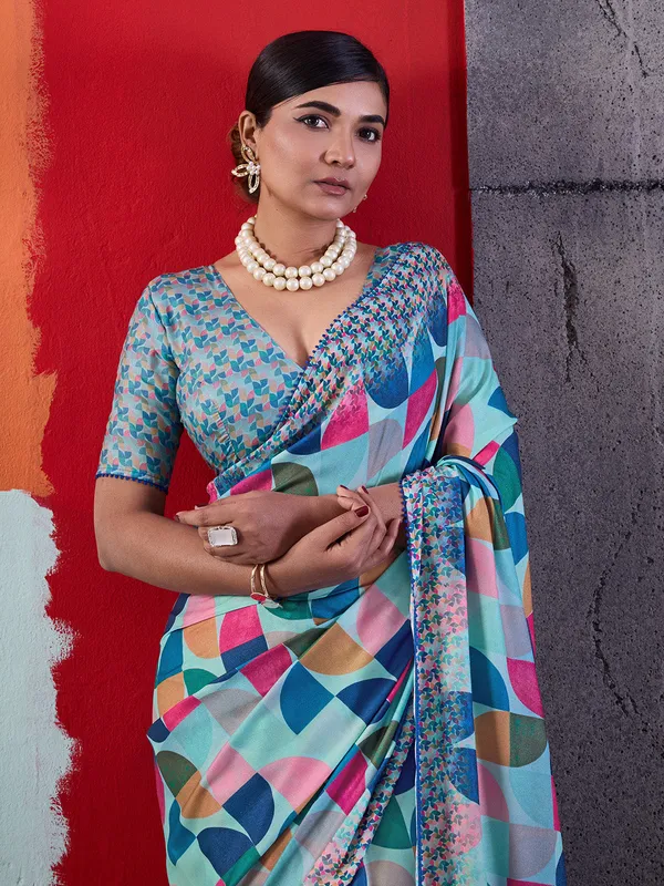Aqua_Blue_Printed_Crepe_Saree_With_Multicolor_Printed_Border_Default_Title