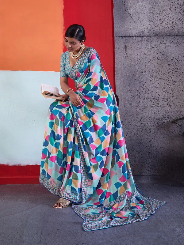 Aqua_Blue_Printed_Crepe_Saree_With_Multicolor_Printed_Border_Default_Title