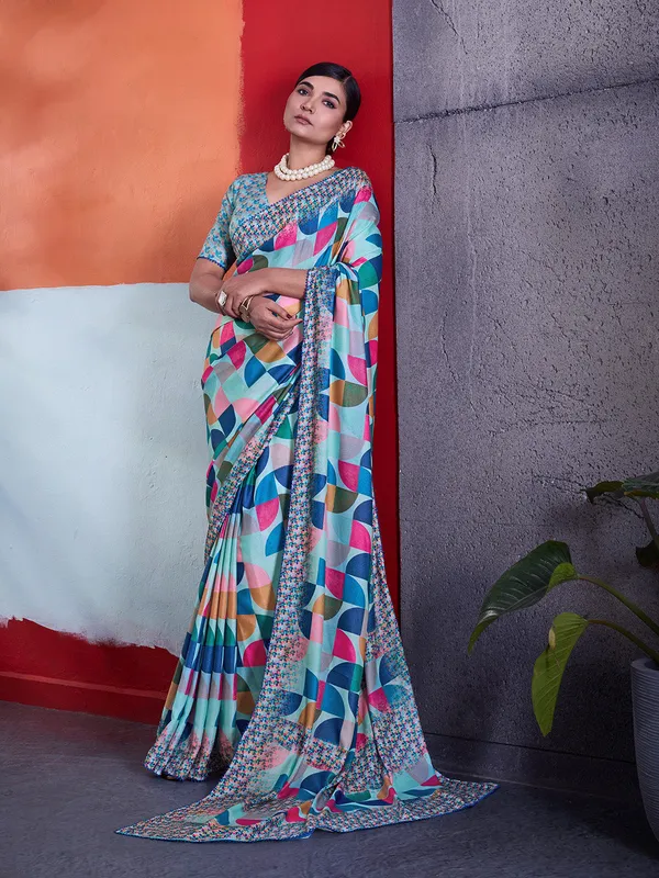Aqua_Blue_Printed_Crepe_Saree_With_Multicolor_Printed_Border_Default_Title