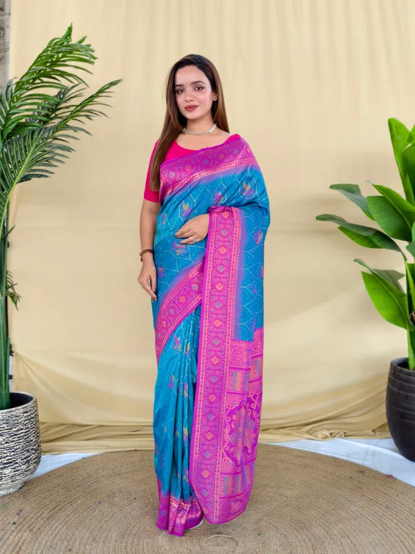 Teal_Blue_Silk_Saree_With_Rani_Pink_Zari_Border_Default_Title