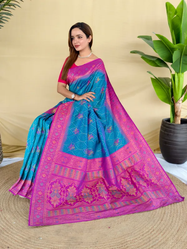 Teal_Blue_Silk_Saree_With_Rani_Pink_Zari_Border_Default_Title