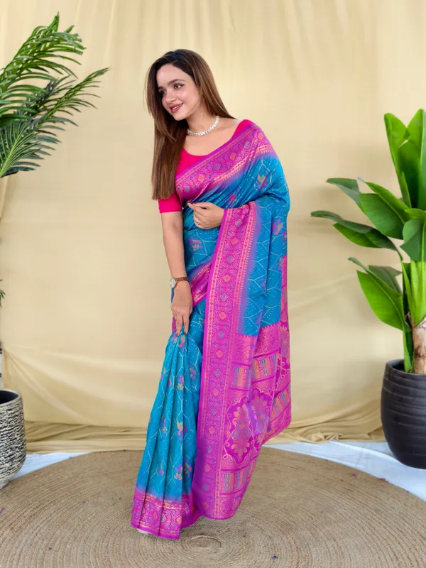 Teal_Blue_Silk_Saree_With_Rani_Pink_Zari_Border_Default_Title