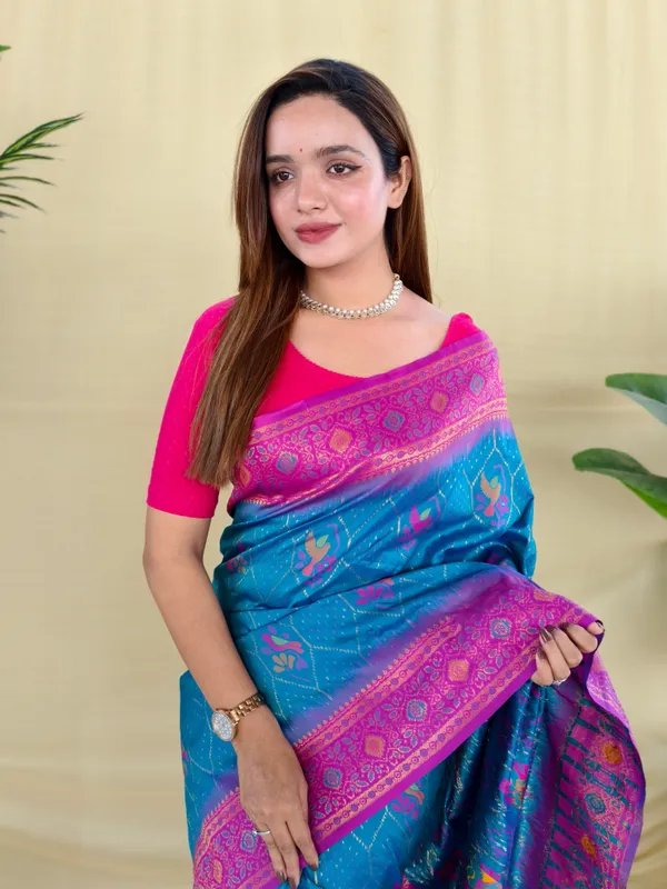 Teal_Blue_Silk_Saree_With_Rani_Pink_Zari_Border_Default_Title