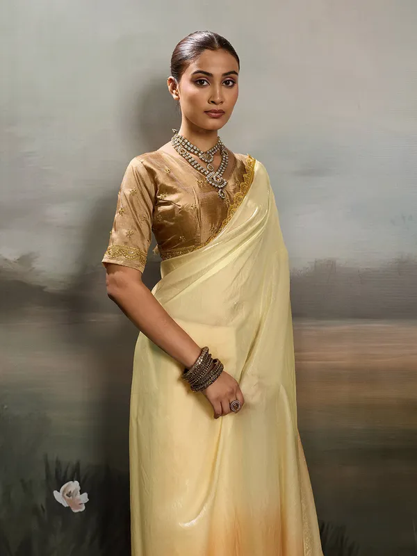 Cream_Peach_Satin_Saree_With_Golden_Lace_Border_Default_Title
