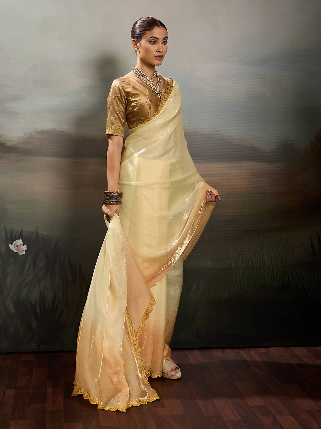 Cream_Peach_Satin_Saree_With_Golden_Lace_Border_Default_Title