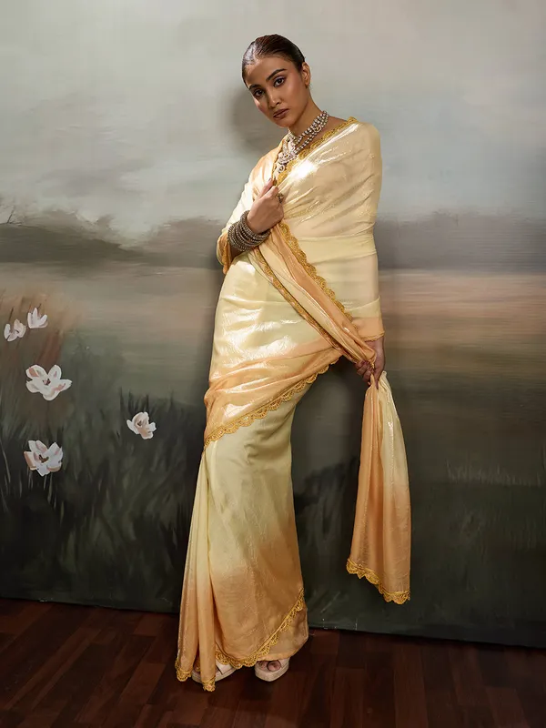 Cream_Peach_Satin_Saree_With_Golden_Lace_Border_Default_Title