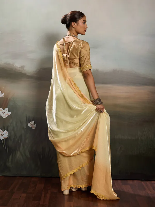 Cream_Peach_Satin_Saree_With_Golden_Lace_Border_Default_Title
