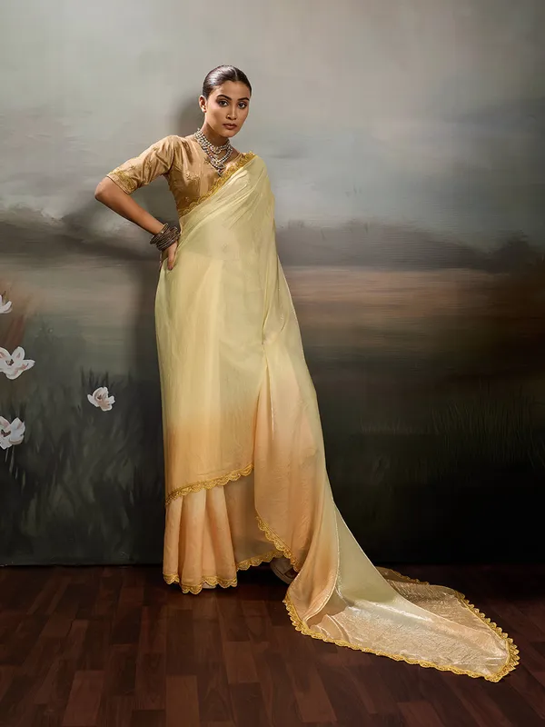 Cream_Peach_Satin_Saree_With_Golden_Lace_Border_Default_Title