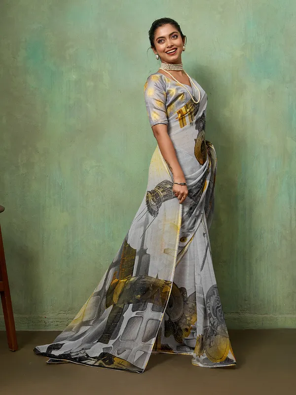 Grey_Georgette_Saree_With_Mustard_Black_Abstract_Border_Default_Title
