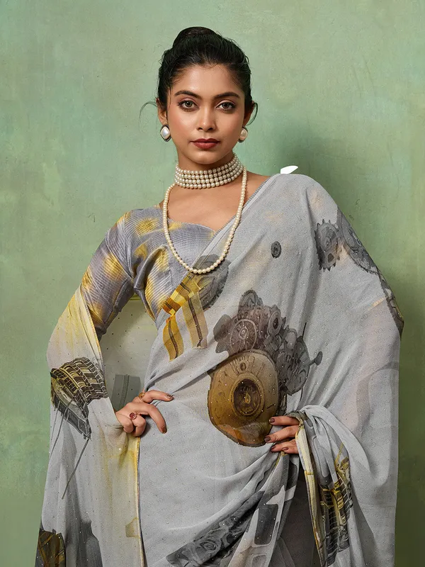 Grey_Georgette_Saree_With_Mustard_Black_Abstract_Border_Default_Title