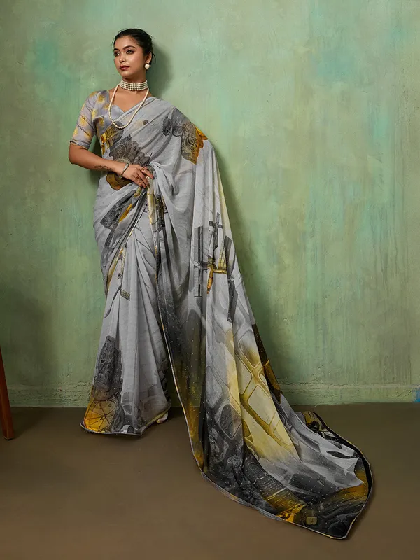 Grey_Georgette_Saree_With_Mustard_Black_Abstract_Border_Default_Title