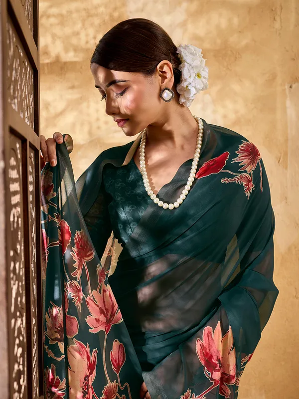 Teal_Blue_Georgette_Saree_With_Pink_Floral_Printed_Border_Default_Title