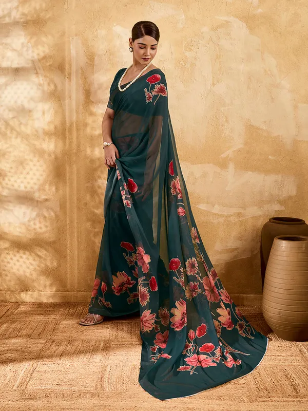 Teal_Blue_Georgette_Saree_With_Pink_Floral_Printed_Border_Default_Title