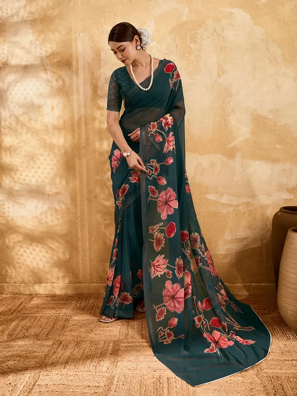 Teal_Blue_Georgette_Saree_With_Pink_Floral_Printed_Border_Default_Title