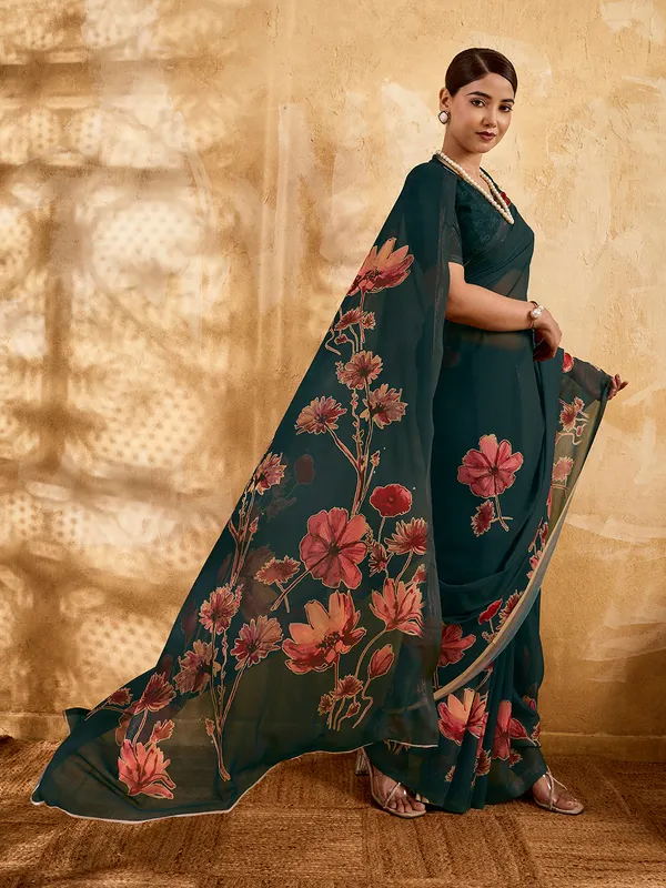 Teal_Blue_Georgette_Saree_With_Pink_Floral_Printed_Border_Default_Title