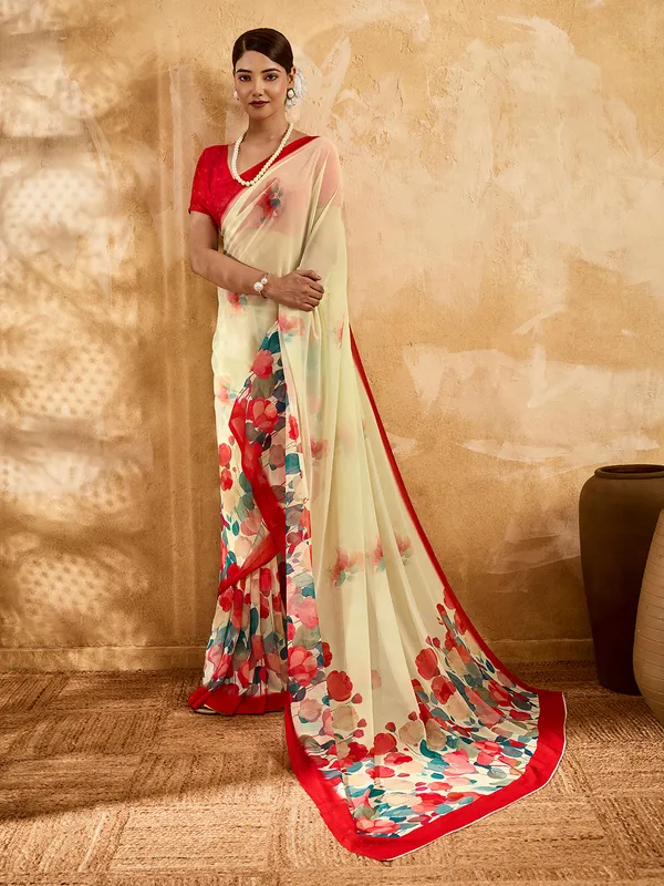 Cream_Georgette_Saree_With_Red_Floral_Printed_Border_Default_Title