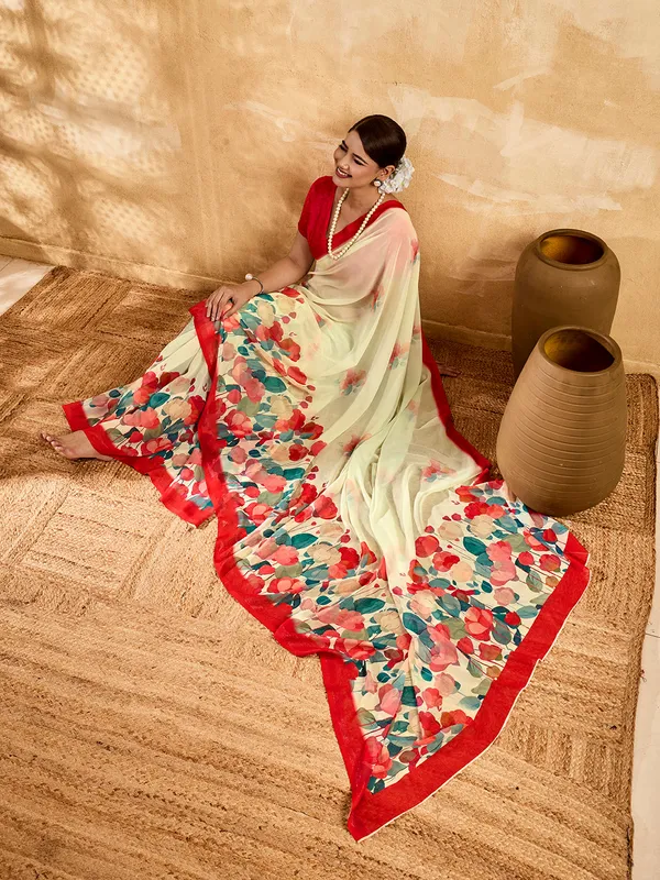Cream_Georgette_Saree_With_Red_Floral_Printed_Border_Default_Title