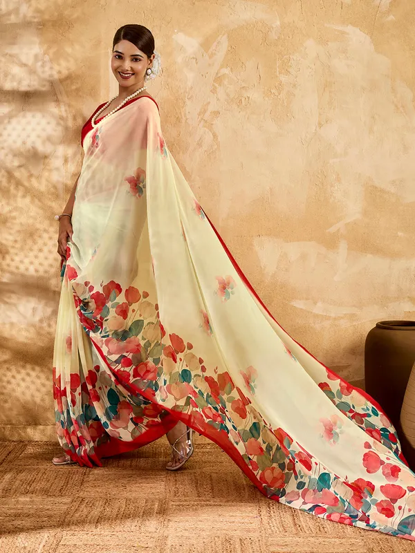 Cream_Georgette_Saree_With_Red_Floral_Printed_Border_Default_Title