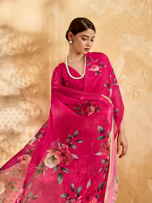 Rani_Pink_Georgette_Saree_With_Floral_Printed_Border_Default_Title