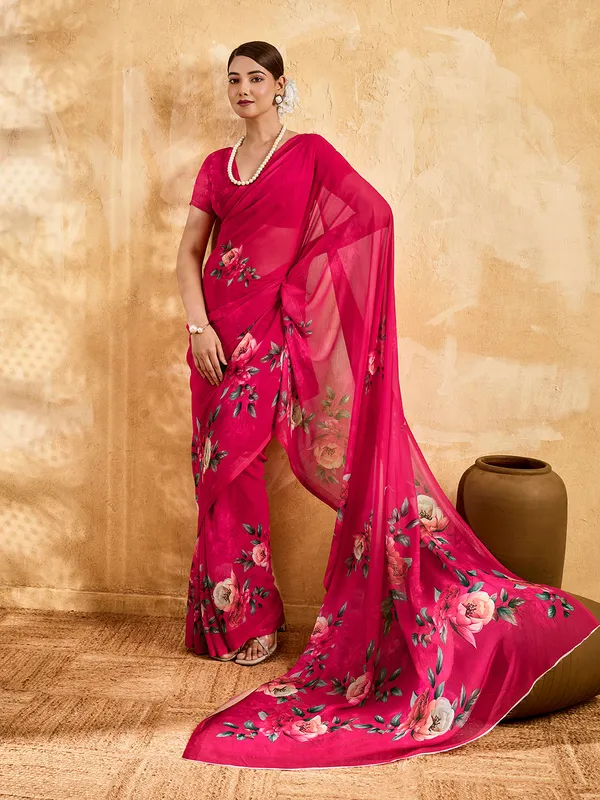 Rani_Pink_Georgette_Saree_With_Floral_Printed_Border_Default_Title